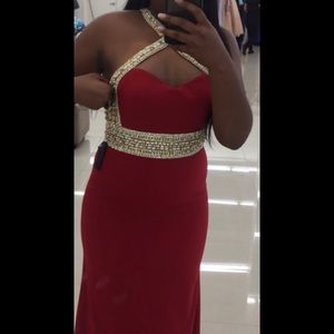 Formal Red Dress with Gold Beading